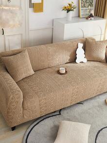 1pc Bohemian-Style Fully Enclosed Elastic Non-Slip Sofa Cover, All-Season Jacquard Velvet Universal Cover, Pet-Friendly, Dirt-Proof, And Cat-Scratch Resistant, Includes A Pillowcase. - Khaki - View 4