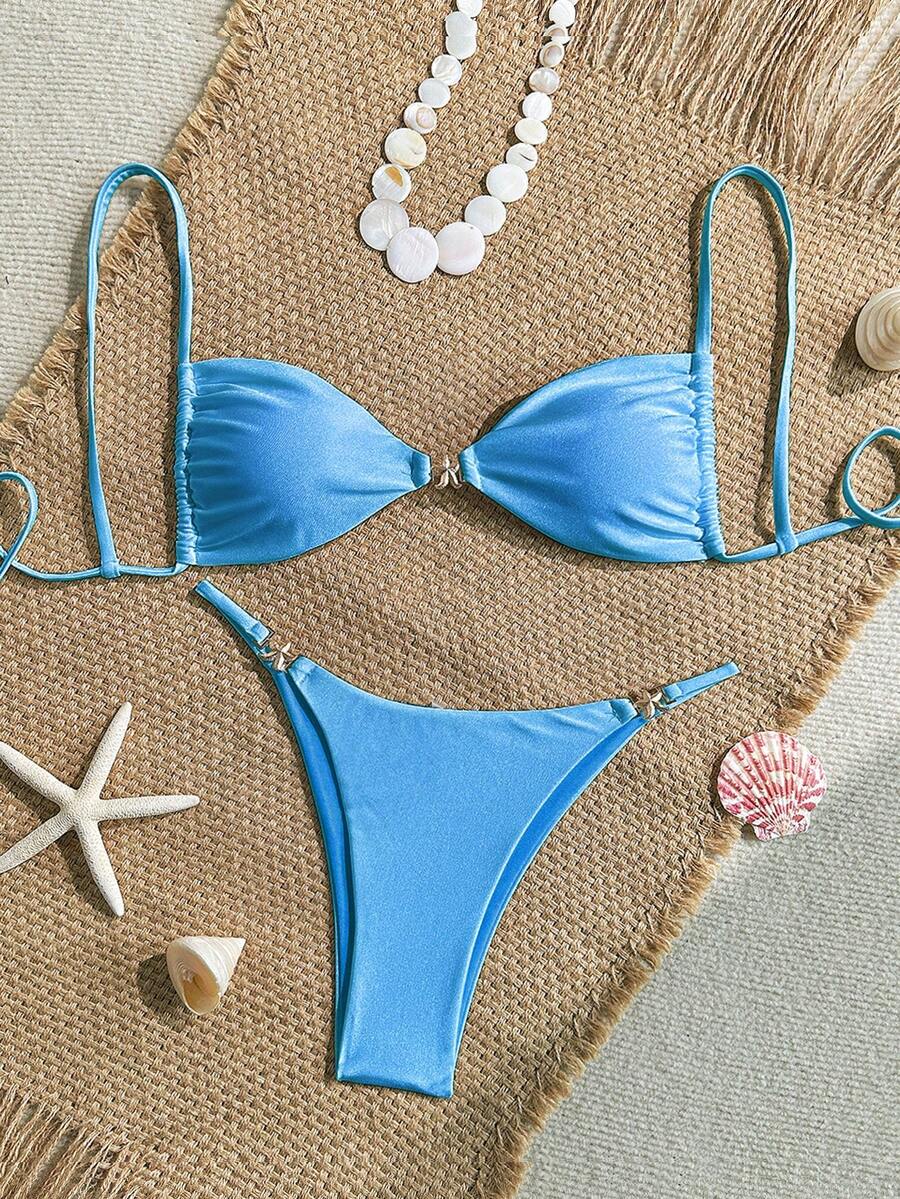 女士性感比基尼两件套，配有亮面配饰和特殊面料 - 藍色 - 查看 1
