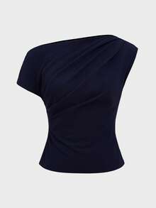 Elegant Minimalist Chic Asymmetric Shoulder Cropped Top, Slim Fit Blouse For Women - Navy Blue - View 8
