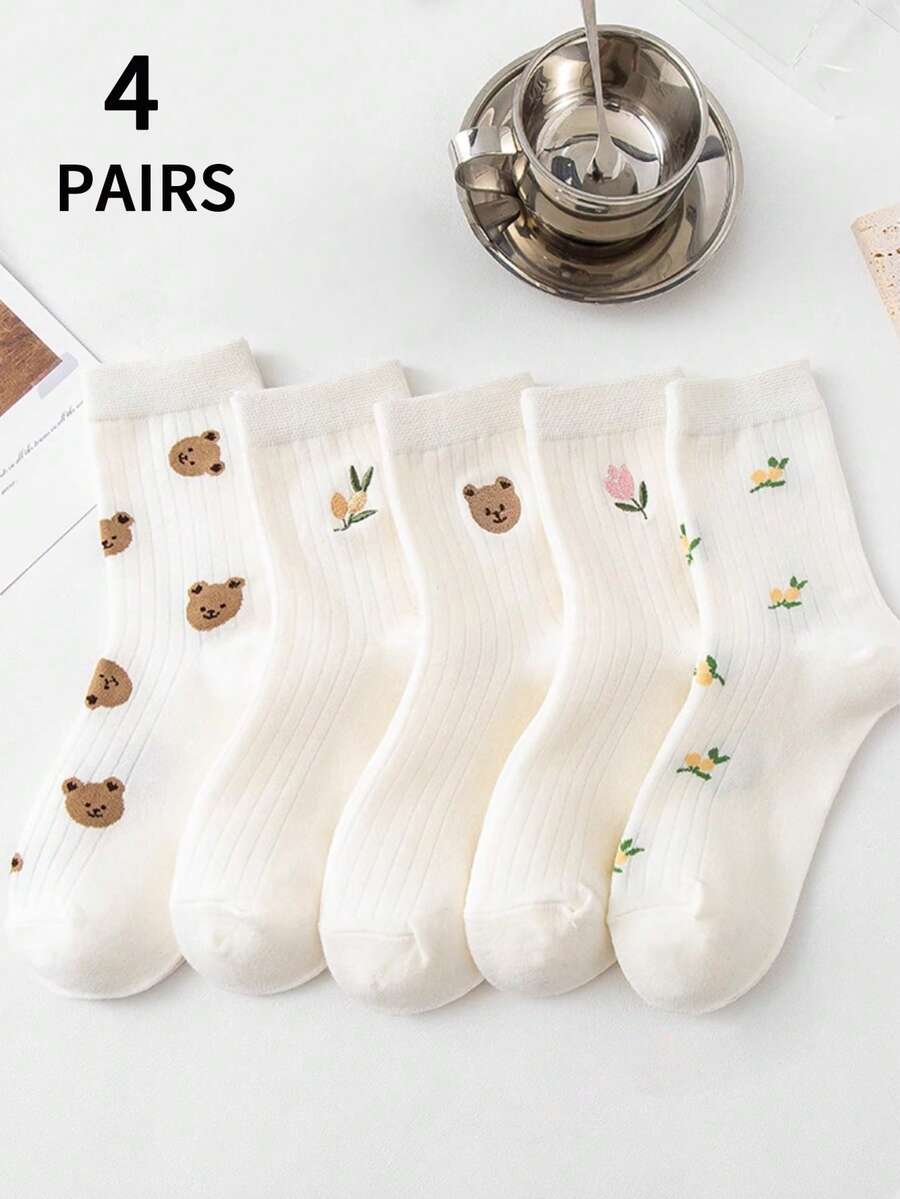 4 Pairs Women White And Pink Cute Bow & Floral Pattern Breathable Moisture-Wicking Comfortable Mid-Calf Socks, Suitable For Daily Wear And Outings, Random Delivery - View 1