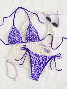 2pcs/Set Women Leopard Print Spaghetti Strap Tie Sexy Bikini Swimwear, Suitable For Beach Vacation Summer - Purple - View 2
