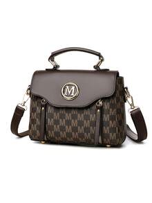 复古简约印花斜挎包，配有可调节 PU 肩带和翻盖开合