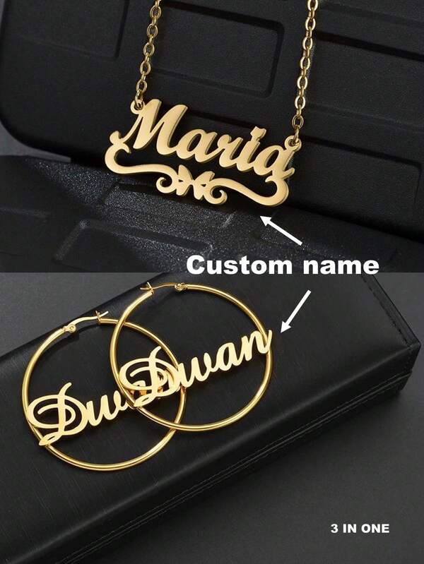 Conjunto de joias personalizadas de aço inoxidável 3 em 1 | Conjunto de colar e brincos com nome personalizado para meninas, presente de aniversário para ela/mãe, presente de formatura, aniversário de namorados, presente de Natal, presente para melhor amiga