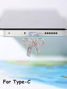 1pc Rhinestone Bow Dust Plug, Elegant Y2K Fashion, Alloy Metal Accessory, Transparent Silicone Smartphone Earphone Tablet Kindle Dust Plug Pendant, Creative Stylish Hanging Decor, Compatible With Apple Lightning/Type-C/Android Micro USB, Fits All Mobile Phone Models - Silver - View 15