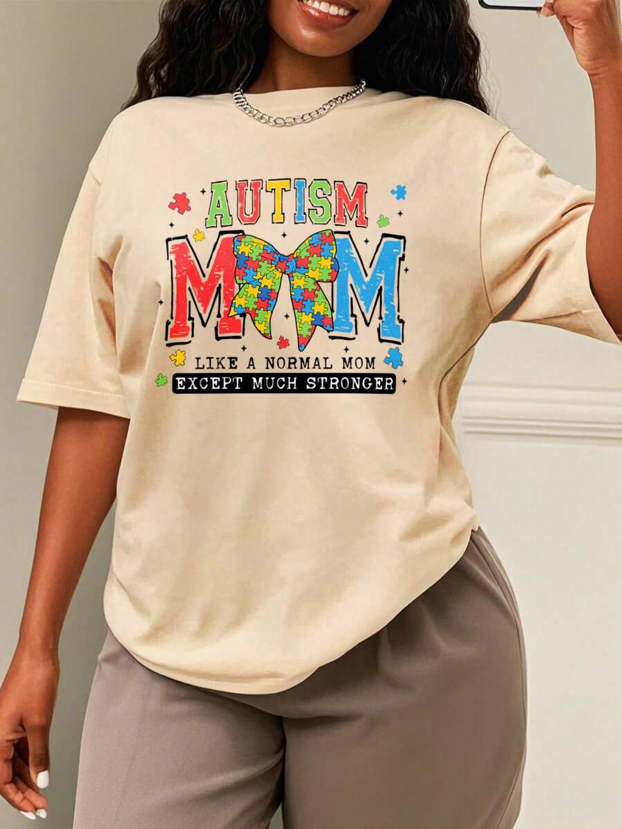 Oversized Style For Women, Autism Mom Coquette Bow Shirt, Autism Awareness Shirt, Coquette Bow Shirt, Austism Ribbon Shirt, Autism Mama Shirt, Oversize Type Shirt For Women, Perfect For Holiday Parties Or Gift Giving, Soft And Comfortable - Màu be - Xem 1