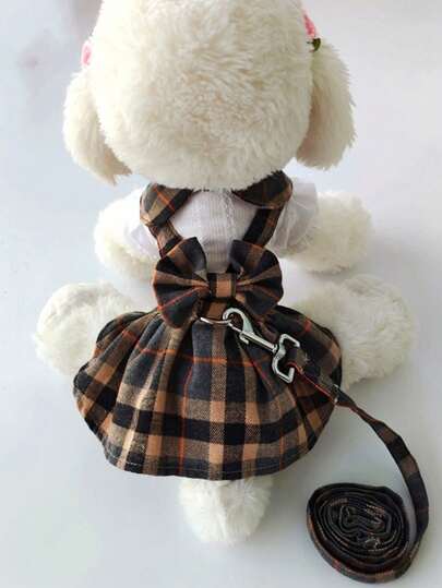 1 件可爱格子连衣裙，带蝴蝶结后背可调节牵引绳，适合猫狗，春夏学院风格，适合日常穿着，情人节约会