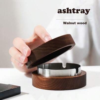 1 akaciaträ valnötsfärgad askfat i massivt trä med träskydd för vardagsrummet, anti flygaska kreativt kontor, rund trädesign