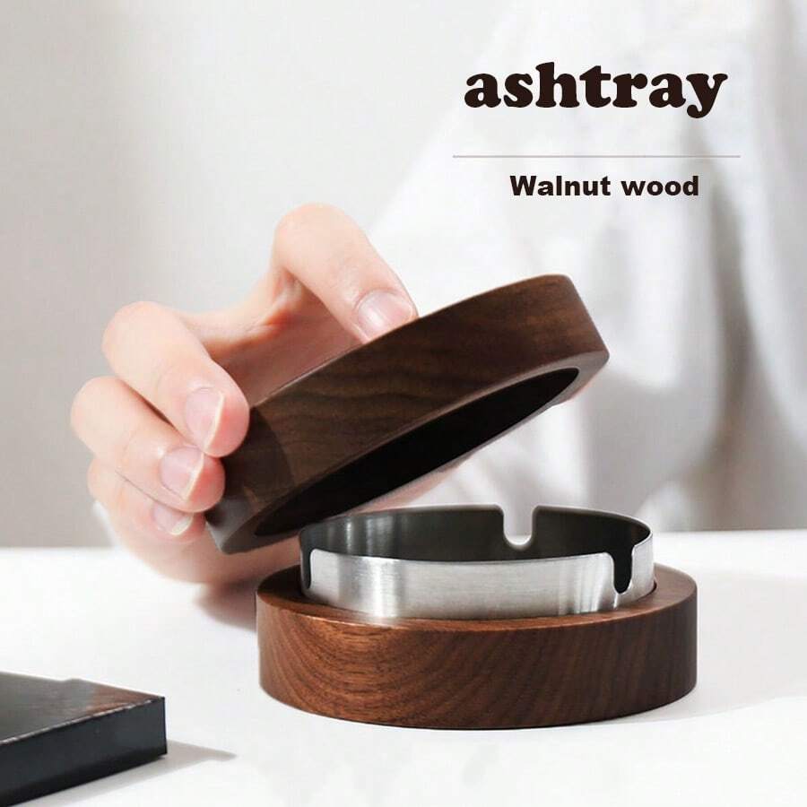 1 Acacia Wood Walnut Colored Solid Wood Ashtray With Wooden Cover For Home Living Room, Anti Fly Ash Creative Office, Round Wood Design - Multicolor - View 1