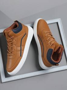 Men Shoes Casual Sneakers, Lace Up Soft Sole Flat Comfortable Skate Shoes For Men, Lightweight High-Top Daily Shoes - Brown - View 5