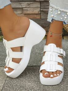 大码女式夏季新款欧美时尚罗马凉鞋，白色笼状金属扣厚底拖鞋，舒适百搭高跟拖鞋，适合日常穿着、派对、度假