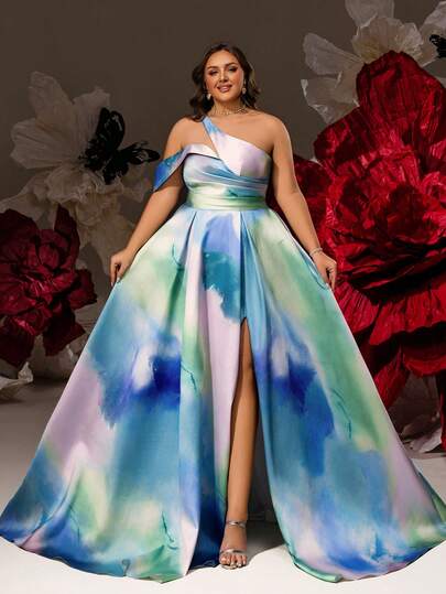 Smilprince Dreamy Watercolor Print One-Shoulder Satin Gown With High Slit, Floor-Length A-Line Prom Dress, Elegant Plus-Size Formal Evening Dress