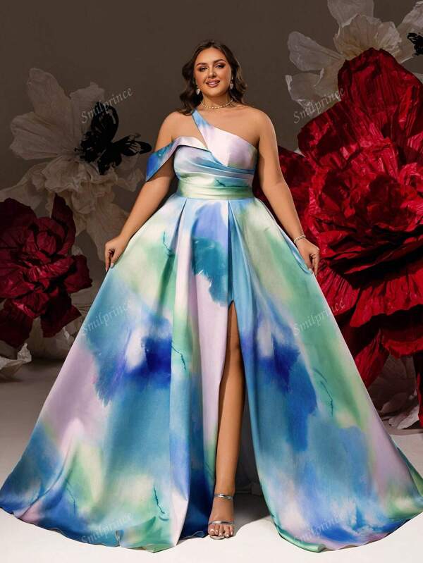 Smilprince Robe de soirée de promenade de ligne A longue jusqu'au sol, élégante robe de soirée de grande taille, imprimé aquarelle rêveur à une épaule en satin avec fente haute