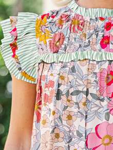 Boho Retro Vintage Viscose 90's Rose Red Pink Mint Ruffle Panel Cap Sleeve Loose Top Shirt Blouse - 藍色花 - 查看 4