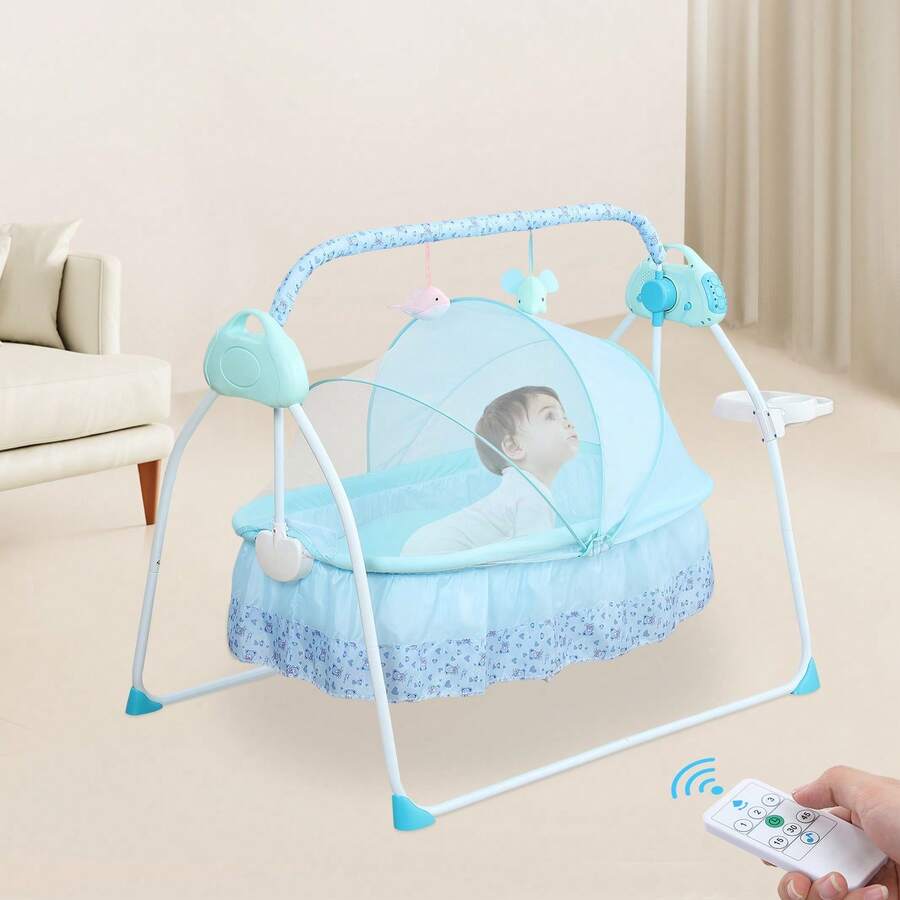 Electric Crib Cradle Infant Rocker Bed Baby Cradle +Music+ Mat Auto Baby Swing - Blue - View 1