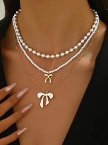 3 bucăți de lanț claviculă cu margele de perle elegante franceze, colier cu pandantiv cu arc metalic la modă, cadou de Ziua Mamei, cadou de Ziua Îndrăgostiților