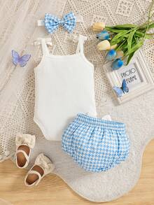 3Pcs/Set New Fashion Summer Baby Girl Sleeveless Bow Headband & Butterfly Ruffle Shorts, Girls Accessories - Blue - View 2