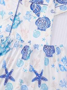 HOREA 2pcs Sets Summer Ocean Style Starfish Shell Print Women Pajama Sets, Short Sleeve Lapel Top And Loose Elastic Shorts, Casual Sleepwear And Spring Homewear Outfits, Cool Light Blue - 藍色 - 查看 8