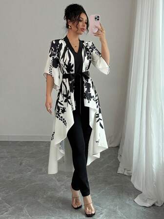 Symmetrical Printed Black And Beige Short Sleeved Waist Cinched Fish Tail Hem Elegant French Shirt