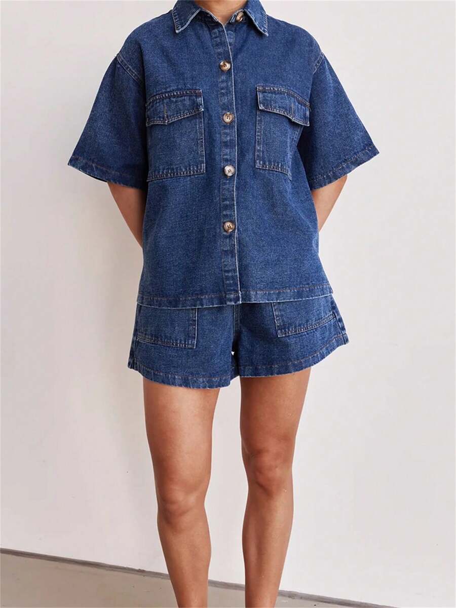 Women Summer Outfits Solid Color Denim Button Up Short Sleeves Shirt And Elastic Shorts Club Streetwear Set - Màu xanh lam - Xem 1