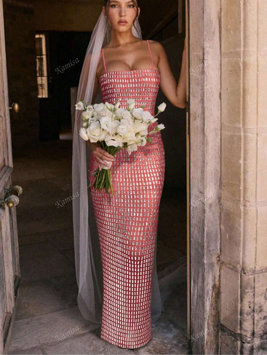 Vestido com Alça Fina Sexy com Brilho de Strass, Vestido de Festa Elegante da Moda, Vestido Longo para Banquete, Vestido de Convidada de Casamento, Vestido Formal