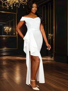 Vestido blanco elegante largo con hombros descubiertos, volantes y abertura para dama de honor, boda, fiesta nupcial, graduación, novia