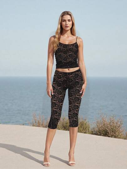 Women's 2 Piece Casual Outfits White Sleeveless Lace Cami Tops Slimming Capri Sets