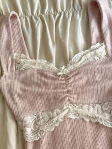 Women's Y2K Fairy Grunge Lace Trim Cami Tank Tops Knit Vintage Wide Strap Bow Decor Slim Fit Camisole Crop Tops Sexy Backless Vests Shirts Teen Girls Aesthetic Clothes Summer Going Out Top - 粉色 - 查看 2