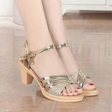Sandalias de tacón grueso con correa de una sola pieza, punta abierta, tacón alto, sandalias de tacón alto, zapatos de mujer, zapatos, zapatos deportivos de mujer. - Dorado - Ver 1