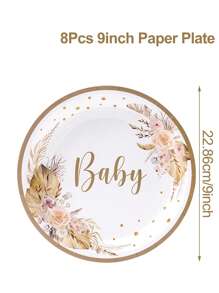 Juego desechable de vajilla de papel con decoración floral para fiesta de ducha para chicas, que incluye: 8 platos de papel de 7 y 9 pulgadas, 8 vasos de papel, 16 servilletas marrones. Suministros decorativos para fiesta de cumpleaños, revelación de género, ducha nupcial u otras celebraciones en el hogar.