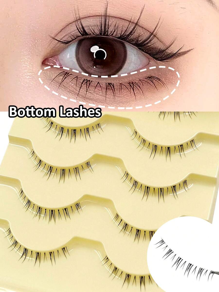 Asiteo 5 Pairs Lower Eyelashes With Transparent Stem Manga Natural Look Wispy Bottom Lashes, Lightweight Short Lashes Reusable DIY Cosplay Lashes