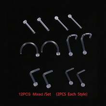 12PCS/Pack Simple Invisible Transparent Nose Piercing Nose Ring Soft Rod For Students Body Piercing Suitable The Healing Period. - Clear - View 3