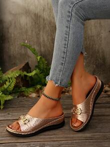 Elegant Women's Wedge Shaped Slippers And Sandals, Buckle Decoration Outdoor Sandals, Fashionable, Comfortable, Elegant, Casual, Beach, Wedge Shaped, Thick Soled Sandals, Plus Size - Champagne - View 7