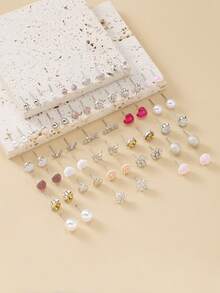 1 Set Of 30 Pairs Of Stud Earrings Set Ladies Faux Pearl Heart Artificial Crystal Pink Girl Flower Letter Butterfly Snowflake Holiday Gift Earrings Valentines,Mom,Mother,Mother's Day,Gift - Multicolor - View 7