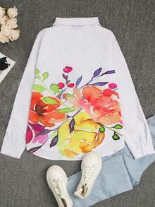 Áo sơ mi dài tay nữ họa tiết hoa, kiểu dáng thường ngày, thời trang, thích hợp cho mùa xuân. - Màu xanh lam - Xem 3