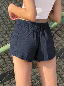Women Y2k Cargo Shorts Solid Color Vintage Casual Summer Low Rise Elastic Shorts With Pockets E-Girls Slim Fitted Short Pants Club Streetwear - Navy Blue - View 3