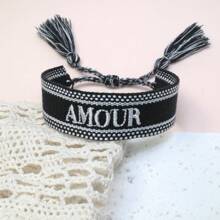 1 pieza Pulsera de estilo vintage hecha a mano con bordado francés "AMOUR", adecuada para parejas, regalo festivo, cuerda de bendición