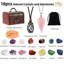 18pcs Healing Crystals Set Real Crystals And Healing Stones Kit Energy Crystals For Beginners Meditation Yoga 7 Natural Tumbled Crystals And 7 Raw Chakra Stones Rose Quartz Pendulum Fengshui Hand-Woven Nut Bag Velvet Bag Wooden Chest Box Set Best