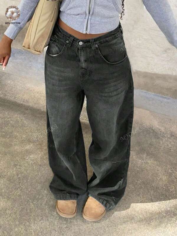 MYOURSA Jeans anchos de pierna ancha con lavado vintage, estilo desgarrado y casual de cintura alta para mujer, en Y2K