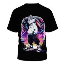 Plus Size Men's Black T-Shirt, Short Sleeve Cyberpunk Neon Element & Rabbit Graphic Print Casual Round Neck Plus Size Short Sleeve Tee, 100% Polyester, Plus Size Activewear - Multicolor - View 6