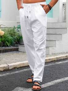 TRFIC Mens Casual Linen Pants Loose Fit Elastic Drawstring Waist Straight-Legs Summer Yoga Beach Long Pants - White - View 3