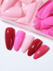 96pcs (4 Mixed Colors) Pink, Red, Light Pink Almond-Shaped Glossy Acrylic Press-On Nails, Perfect Fit For Long Nails, Set Includes: 1 Bottle Of Jelly Gel And 1 Nail File, Suitable For Women And Girls For Daily Wear Or Party Nails Nail Supplies - Multicolor - View 4
