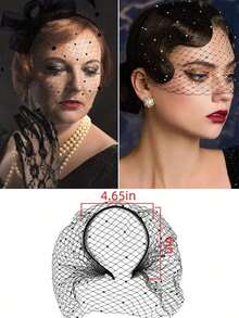 1/2件套优雅网状头饰，黑色水晶水钻，20世纪20年代手工头饰，复古鸟笼面纱网状头饰，手工制作，适合女士新娘婚礼、下午茶会、鸡尾酒会、化装舞会、葬礼等场合，20世纪50年代至60年代舞会头饰面纱 - 彩色 - 查看 2