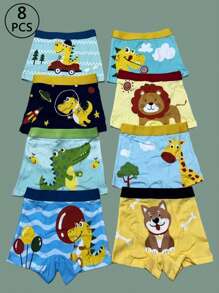 8 Sets Of Young Multi-Color Boys Cotton Boxers, Comfortable And Soft Cartoon Dinosaur, Crocodile, Lion, Giraffe, Dog, Balloon Printed Little Boy Boxer Briefs Four Seasons, Blue, Green, Yellow