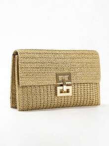Multi-Layer Twist-Lock Flap Clutch Woven Bag, Suitable For Vacation - Khaki - View 7