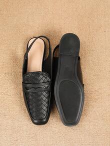 2025 Autumn Women's Flat Square Toe Woven Elegant Preppy Style Mule Shoes, Versatile And Comfortable Slip-On Backless Loafers - Black - View 8