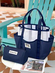 1Pc/Set Macaron Colors Mesh Beach Tote Bag Set With Phone Pocket, Nylon Casual Transparent Toiletry Bag Set With Zipper, Large Capacity Lightweight Storage Bag, Oversized Sandproof Swim Tote, Portable Reusable Summer Tote Bag With Hanging Handle, S/L Wash Bag Gift For New Semester, Spring/Early Summer, Anniversary, Vacation, Daily Use, Holiday, Mother's Day Gift, New Style In 2025.