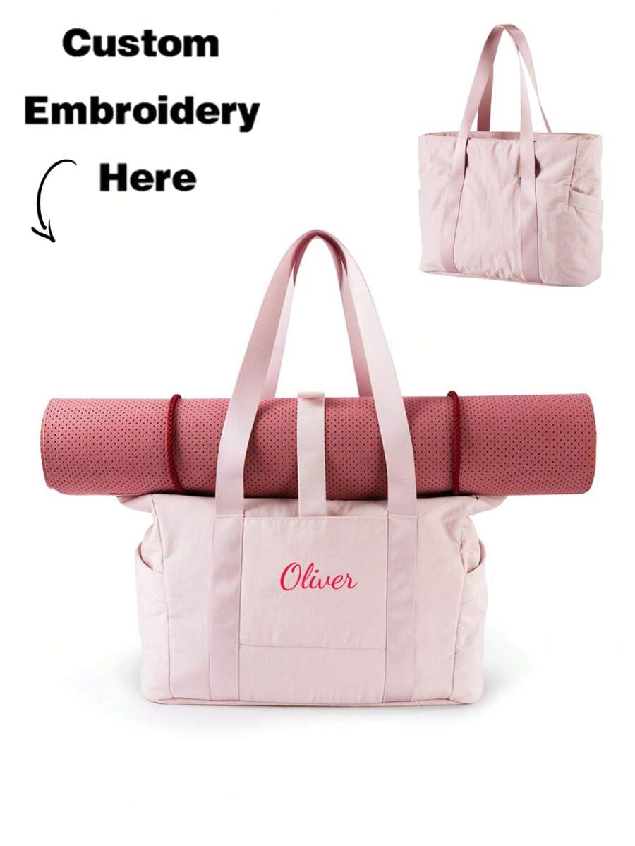 1pc Embroidery Customization Tote Bag For Women With Zipper, Gym Tote With Compartments, Large Capacity Casual Shoulder Bag, Work Tote Nurse Dance Yoga Bag For Sport, Travel