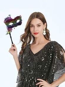 Women's Mask Handheld Peacock Masquerade Mask With Handle, Venetian Halloween Costume Mask For Ladies Party Decor - A - View 6