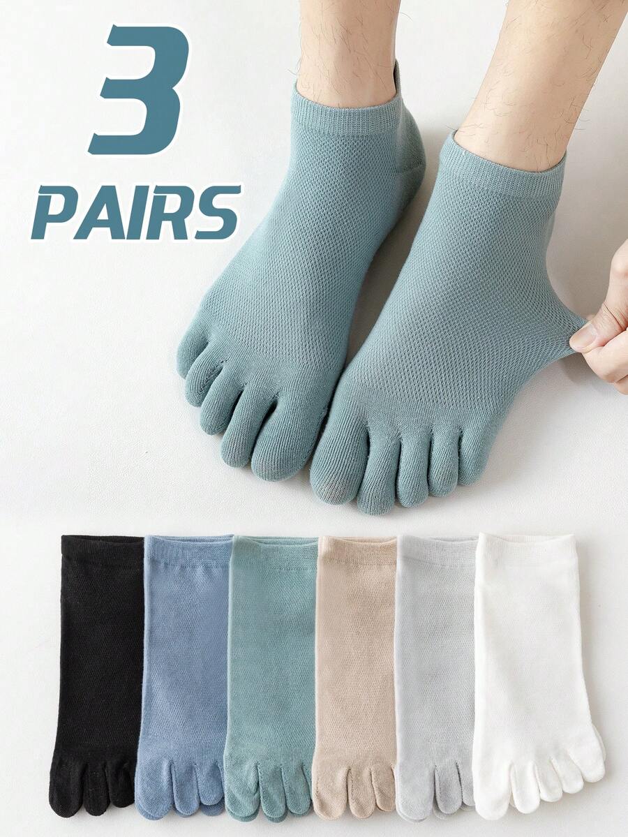 3 Pairs Men's Breathable Mesh Solid Color Cotton Toe Socks, Antibacterial Moisture-Wicking Casual Short Socks, Suitable For Spring, Summer And All Seasons - Multicolor - View 1