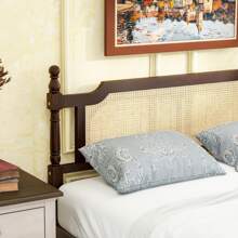 Queen Pine Wooden Bed With Rattan Headboard And Footboard, With Central Enhanced Bed Platform,Espresso
